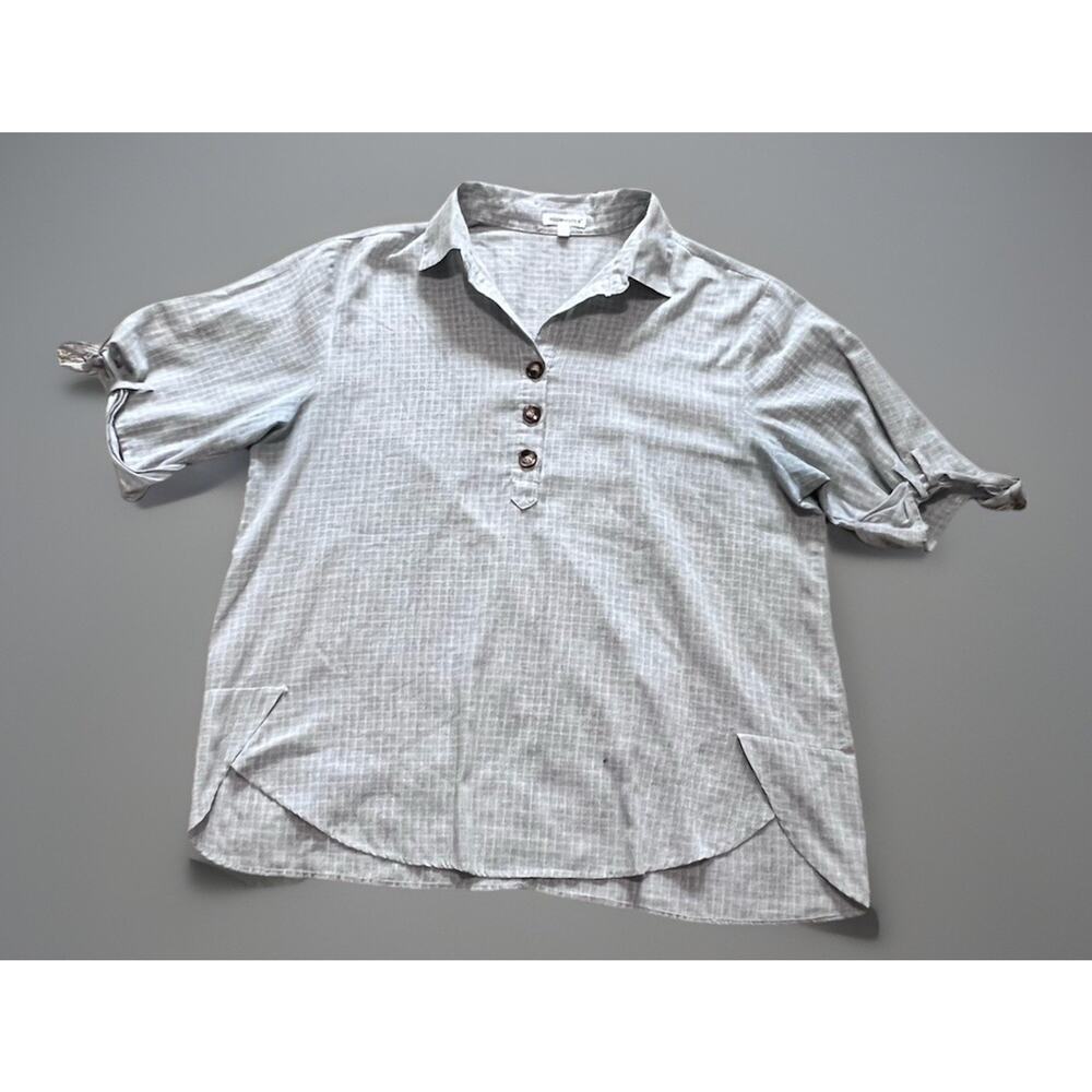 Roommates Cotton Linen Casual Blouse Tunic Top Check Blue Bow Sleeve Womens 2X